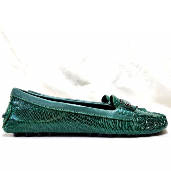 TORY BURCH Green Snakeskin Driving Mocs Loafers Sz 8.5 Leather Driver Flats - Picture 5 of 13